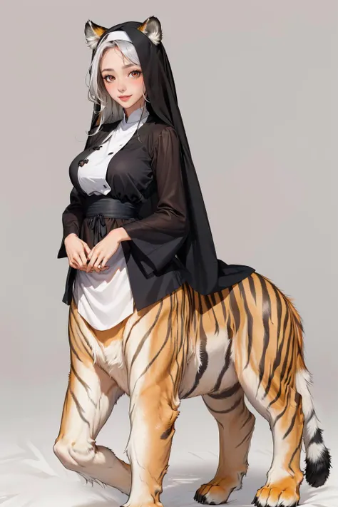 masterpiece, 1girl, 22 years old, aged up, mature female, wide hips, naughty smile, Skindentation, blush,
1girl, white hair, red eyes, forehead, centaur, tiger print ,taur, tiger ears, lips, mature female, nun, veil, large breasts , looking at viewer, full body, simple background,
<lora:MilaAzul_2.0:0.9>  <lora:centaur:1>