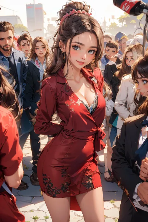 masterpiece, 1girl, Wide hips, naughty smile, Skindentation, blush, (wrap dress, blazer, black pumps, standing, press conference, answering questions, people in background, listening, confident expression:1.2), cleavage, midriff, arms behind back <lora:MilaAzul_2.0:0.9>, peacock, <lora:peacock-noise:0.5>
