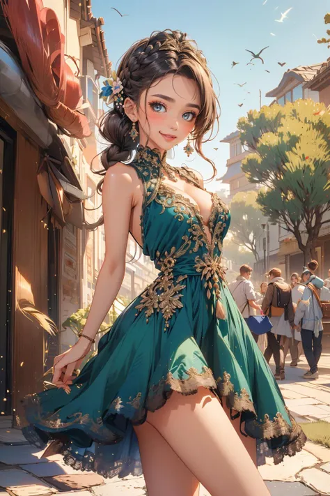 masterpiece, 1girl, Wide hips, naughty smile, Skindentation, blush,
peacock, braid, (cute dress:1.2), wind, cleavage, outdoors, dynamic pose, arms behind back <lora:peacock-noise:0.75>
<lora:MilaAzul_2.0:0.9>