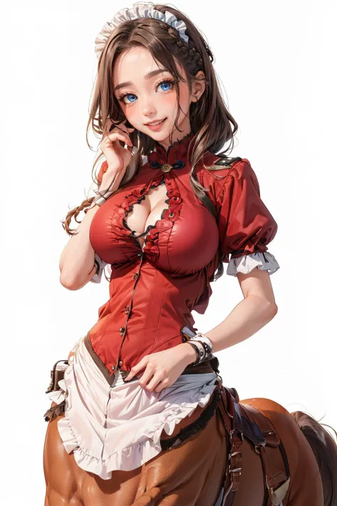 masterpiece, 1girl, 22 years old, aged up, mature female, wide hips, naughty smile, Skindentation, blush,
brown hair, braid, medium hair, blue eyes, forehead, centaur, taur, horse ears, smile, maid, huge breasts , looking at viewer, white background, simple background,
<lora:MilaAzul_2.0:0.9> <lora:centaur:1>