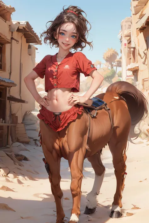 masterpiece, 1girl, 22 years old, aged up, mature female, wide hips, naughty smile, Skindentation, blush,
centaur, taur, fox, fox taur, fox ears Mahogany, mohawk, short hair, blue eyes, [muscular], smile, pose, small breasts , standing , desert background, sleepwear
<lora:MilaAzul_2.0:0.9>  <lora:centaur:1>