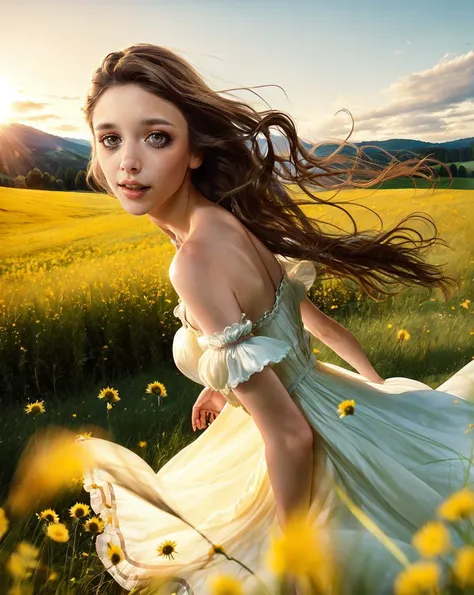 MilaAzul, woman,
"Whispers of the Wind": The camera hovers just above the ground, capturing her as she twirls in a sunlit meadow. The shot follows her movement, tracing the delicate sway of her gown and the gentle breeze that rustles through the grass, creating a serene and enchanting scene.