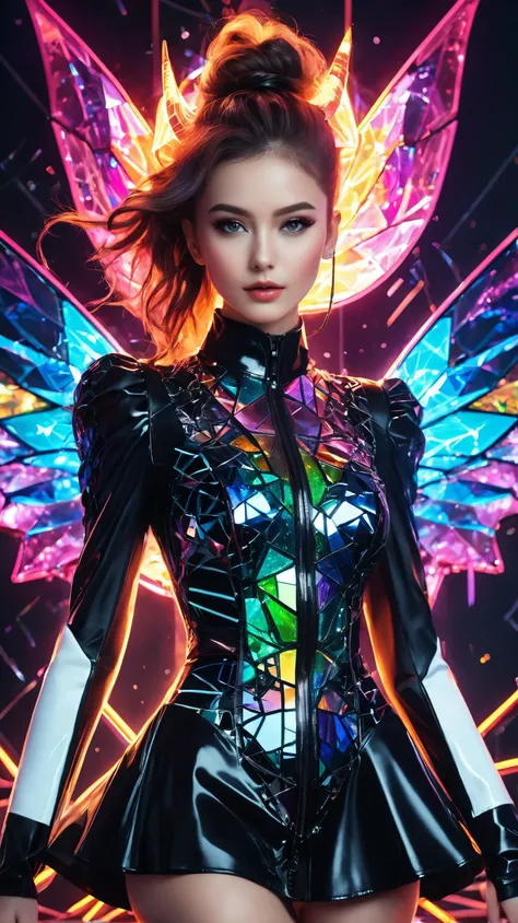 frilly hairstyle, latex dress, torso, body, 8k, ultra-detailed, highres, rainbow skin, shattered glass effect, (best quality, masterpiece:1.2), (neon light:1.3), soft particles of fractal fire, volumetric lighting, (masterpiece, best quality), 1girl, intricate details, 8k, artstation, wallpaper, official art, splash art, sharp focus, dark atmosphere, black coat, black dress, cartoon for adults, white sleeves, sleeves past finger, sleeves past wrists, horns, (glitched body effect), (geometric:1.2), futurism, impressionist, detailed, majestic, breathtaking, (suggestive:1.3), (depressing:1.3), (cute:1.2), enticing, (irresistible:1.3), disturbing, fascinating, (magnetic:1.2), (green), latex clothing, suggestive position, latex costume, Depth of field, vivid color, rainbow bloody veins growing and intertwining out of the darkness, (nailed wire), oozing thick blue blood, sharp neon, veins growing and pumping blood, vascular networks growing, under water