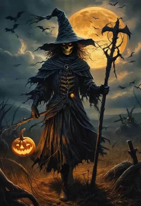 Dark Fantasy Art, Dark Moody Atmosphere, A menacing pumpkin-headed scarecrow looms in a moonlit cornfield, wielding a rusted pitchfork. Eerie orange light flickers within its carved grimace. Tattered robes billow in the autumn wind. Mystical runes glow on its straw-stuffed body, evoking ancient harvest rituals., dramatic, mysterious, dark moody atmosphere, dark, moody, dark fantasy style