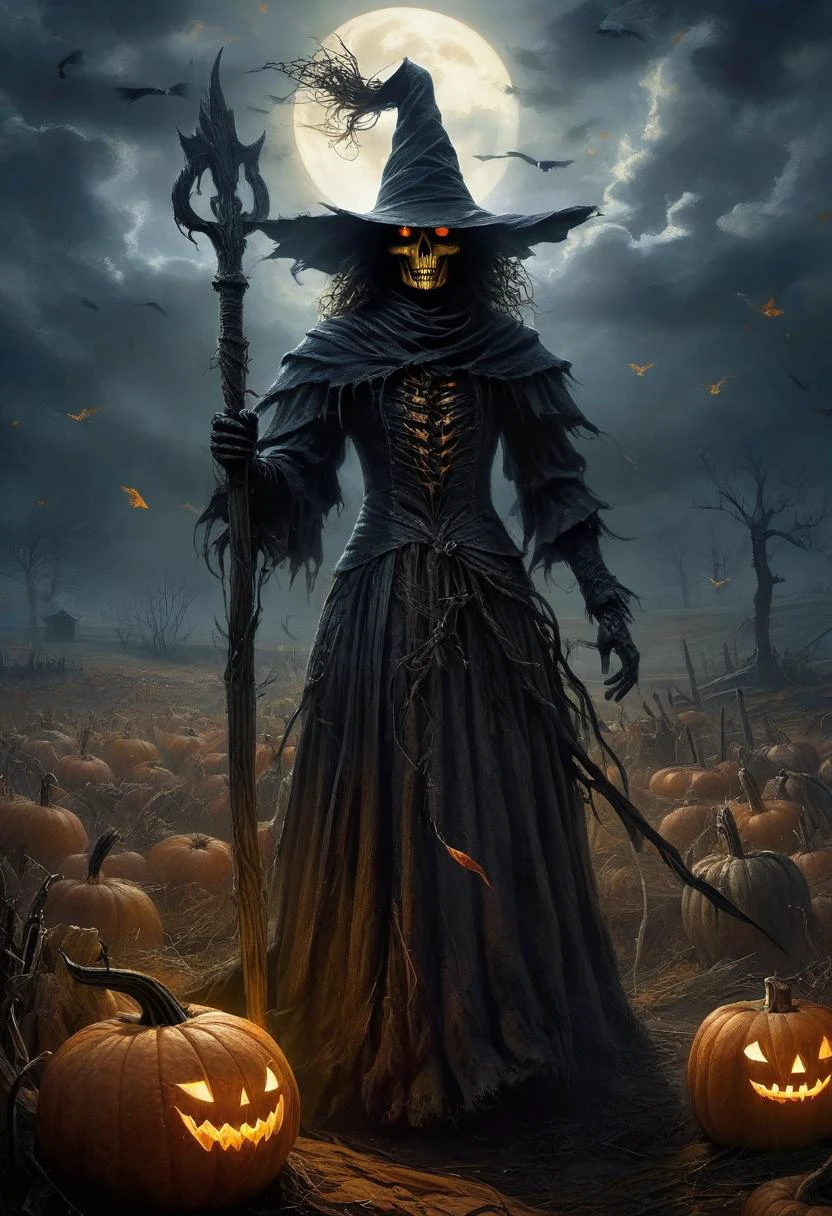 Dark Fantasy Art, Dark Moody Atmosphere, A menacing pumpkin-headed scarecrow looms in a moonlit cornfield, wielding a rusted pitchfork. Eerie orange light flickers within its carved grimace. Tattered robes billow in the autumn wind. Mystical runes glow on its straw-stuffed body, evoking ancient harvest rituals., dramatic, mysterious, dark moody atmosphere, dark, moody, dark fantasy style