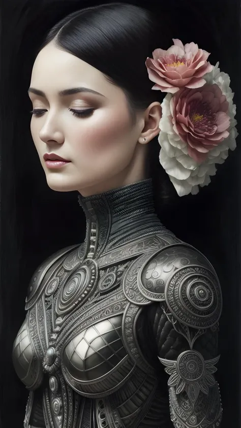 2d, pastel color, watercolor, low color saturation, illustration, lineart, ankymoore, 1girl, bouquet, black hair, camellia, (closed eyes), flower_ornament, (masterpiece:1.3), (best quality:1.3), (ultra detailed:1.3), 8k, extremely clear, realism, (ultrarealistic:1.3), insane details, intricate details, hyperdetailed, ultra detailed, extreme detailed, highest detailed, high detail, hyperdetailed suit, cybernetic, futuristic, dystopian), Dawn, Art Deco, Snake, Bleak, (Secondary colors:1.1), (Perspective:1.1), (Collage:1.1), (Moonlight:1.2), Scales, Heart, ultra detailed, intricate, oil on canvas, dry brush, (surrealism:1.1), (disturbing:1.1), ultra high res, photography, aesthetic, extremely delicate