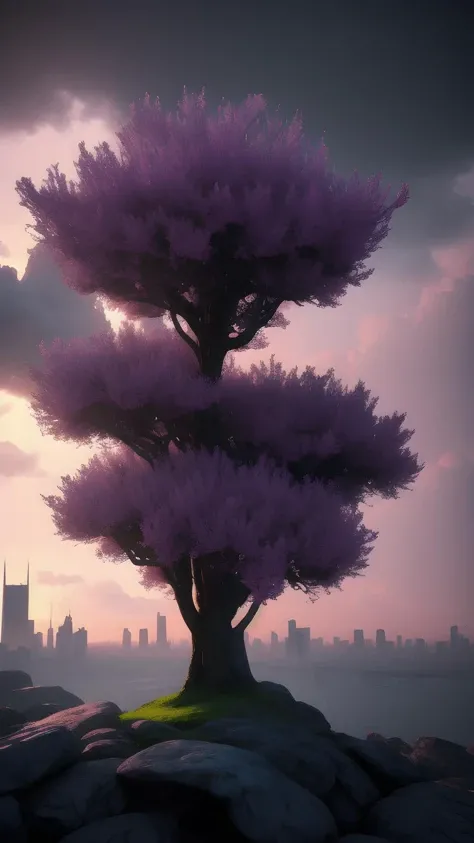 illustration, cartoon, soothing tones, calm colors, Best quality, masterpiece, ultra high res, (photorealistic:1.4), absurdres, Misty Blue Limonium blossom in the pot, fantasy creature, A stormy sky over a cityscape with tall buildings, Tilting, Negative Space, separation light, high key masterpiece, realistic, award winning, volumetric light and fog, neon palette, subsurface scattering, caustics, bloom, perfect exposure, perfect composition, rule of thirds, 8k, hdr10, cinematic, breathtaking, ray tracing