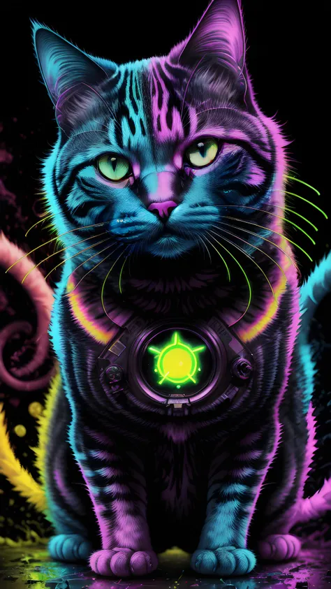 technicolor, vibrant, Chemical Cat, radioactive glow, Biohazard, abstract art by Petros Afshar, oversaturated, neon colors, detailed cat, detailed fur, (masterpiece, photorealistic, macro), beautiful cat