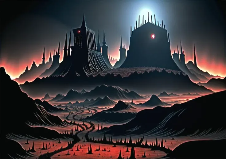 A landscape of hell with cenobites from Hellraiser movie