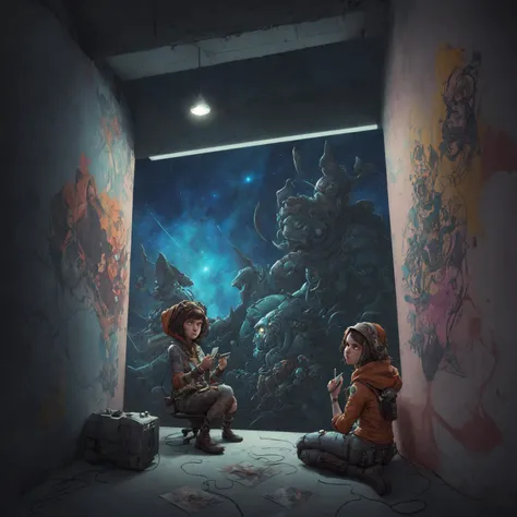 art by Willem van Haecht, (art by Eddie Mendoza:1.0) , wall Graffiti, Cozy "Beautiful girls, all over the world.", Stars in the sky, Cel shading, Fearful, Nintencore, F/8, moody, National Geographic
