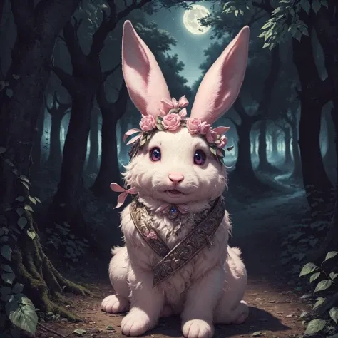 (masterpiece, best quality, ultra high res, highly detailed:1.3), dark, night, realistic, detailed, extremely detailed, intricate detail, night,
BREAK dark forest,
BREAK extremely cute pink bunny, very cute, fluffy fur covered in blood, (eyes bleeding blood:1.1), (extremely wide grin:1.1), looking straight into soul,glowing eyes,