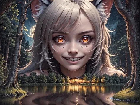 (masterpiece, best quality, ultra high res, highly detailed:1.3), dark, night, realistic, detailed, extremely detailed, intricate detail,
BREAK forest, lake,
BREAK demon fluffy girl, grinning, cute, glowing white eyes, cat ears,