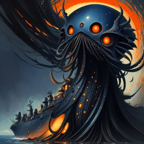 (anime:1.1), (cult of cthulhu:0.9), (futurism:1), (dread:0.66), (impressionist:1.1), (detailed:1.2), majestic, (breathtaking), (suggestive:0.5), (depressing:1.4), (cute:1.3), (enticing:1.2), (irresistible:1.2), (surreal:1.1), (disturbing:1.1), (fascinating:1.3), (black:1.2), (navy :1.25), (orange:1.2), (eerie)