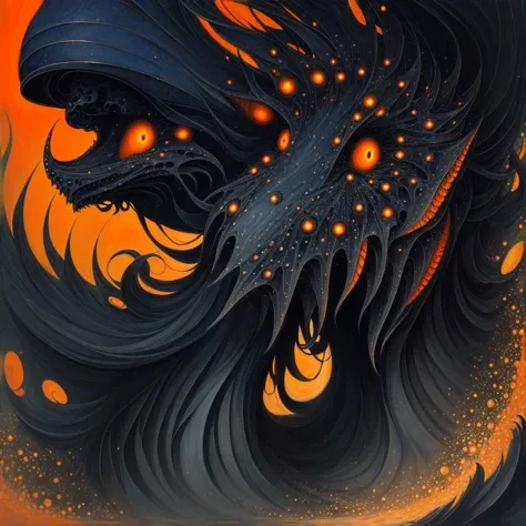 (anime:1.1), (cult of cthulhu:0.9), (futurism:1), (dread:0.66), (impressionist:1.1), (detailed:1.2), majestic, (breathtaking), (suggestive:0.5), (depressing:1.4), (cute:1.3), (enticing:1.2), (irresistible:1.2), (surreal:1.1), (disturbing:1.1), (fascinating:1.3), (black:1.2), (navy :1.25), (orange:1.2), (eerie)