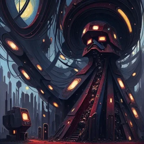 cottagecore, (anime:0.8), (cult of cthulhu:0.5), (futurism:1.3), (dread:0.5), (impressionist:1.1), ethereal, eerie, (suggestive:1.3),(depressing:1.4), (cute:1.3), (surreal:1.1), disturbing, (fascinating:1.3), (black:1.2), (maroon :1.2), (navy:1.2), (orange:0.8)
