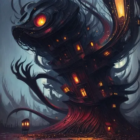 cottagecore, (anime:0.8), (cult of cthulhu:0.5), (futurism:1.3), (dread:0.5), (impressionist:1.1), ethereal, eerie, (suggestive:1.3),(depressing:1.4), (cute:1.3), (surreal:1.1), disturbing, (fascinating:1.3), (black:1.2), (maroon :1.2), (navy:1.2), (orange:0.8)