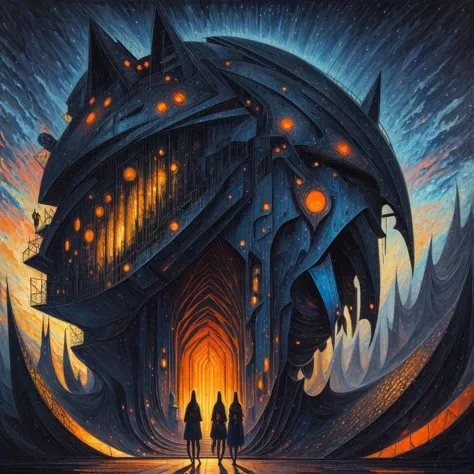 (anime:0.8), (dread:0.45), (cult of cthulhu:0.7), (geometric:0.7), (futurism:1.1), cottagecore, (impressionist),(colorful:1.2), detailed, majestic, breathtaking, (suggestive:1.3),(depressing:1.3), (cute:1.2), enticing, (irresistible:1.3), disturbing, fascinating, (black1.3), (navy:1.2), (orange:1.1), (surreal:1.2)