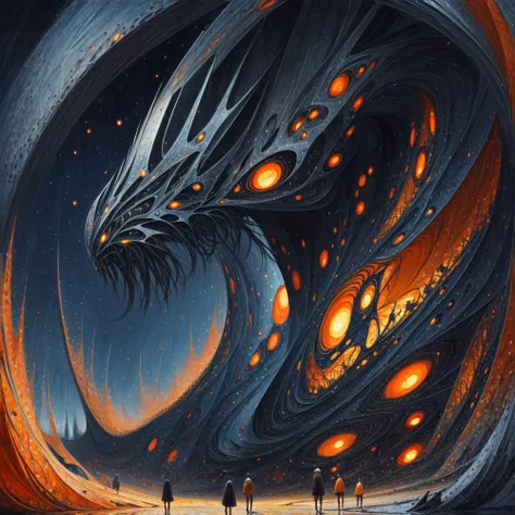 (anime:1.1), (cult of cthulhu:0.9), (futurism:1), (dread:0.66), (impressionist:1.1), (detailed:1.2), majestic, (breathtaking), (suggestive:0.5), (depressing:1.4), (cute:1.3), (enticing:1.2), (irresistible:1.2), (surreal:1.1), (disturbing:1.1), (fascinating:1.3), (black:1.2), (navy :1.25), (orange:1.2), (eerie)