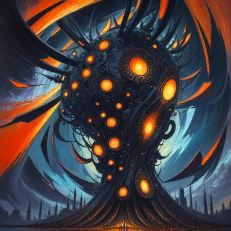 (anime:0.8), (dread:0.45), (cult of cthulhu:0.7), (geometric:0.7), (futurism:1.1), cottagecore, (impressionist),(colorful:1.2), detailed, majestic, breathtaking, (suggestive:1.3),(depressing:1.3), (cute:1.2), enticing, (irresistible:1.3), disturbing, fascinating, (black1.3), (navy:1.2), (orange:1.1), (surreal:1.2)
