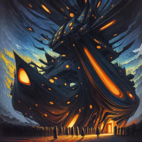 (anime:0.8), (dread:0.45), (cult of cthulhu:0.7), (geometric:0.7), (futurism:1.1), cottagecore, (impressionist),(colorful:1.2), detailed, majestic, breathtaking, (suggestive:1.3),(depressing:1.3), (cute:1.2), enticing, (irresistible:1.3), disturbing, fascinating, (black1.3), (navy:1.2), (orange:1.1), (surreal:1.2)