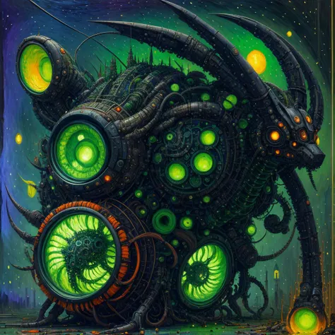 (anime:1.2), (dread:0.46), (cult of cthulhu:0.75), (futurism:1.25), (impressionist:1.25),(colorful:1.2), detailed, (majestic), mechanical, (sophisticated:1.2), (suggestive:1.1),(depressing:1.3), (cute:1.2), enticing, (irresistible:1.3), disturbing, fascinating, (green:1.3), (black:1.2), (orange:1.1), (surreal:1.05), (eerie:1.1)