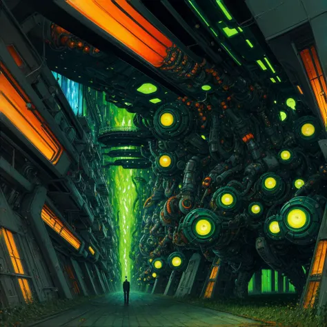 (anime:1.2), (dread:0.46), (cult of cthulhu:0.75), (futurism:1.25), (impressionist:1.25),(colorful:1.2), detailed, (majestic), mechanical, (sophisticated:1.2), (suggestive:1.1),(depressing:1.3), (cute:1.2), enticing, (irresistible:1.3), disturbing, fascinating, (green:1.3), (black:1.2), (orange:1.1), (surreal:1.05), (eerie:1.1)