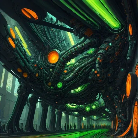 (anime:1.2), (dread:0.46), (cult of cthulhu:0.75), (futurism:1.25), (impressionist:1.25),(colorful:1.2), detailed, (majestic), mechanical, (sophisticated:1.2), (suggestive:1.1),(depressing:1.3), (cute:1.2), enticing, (irresistible:1.3), disturbing, fascinating, (green:1.3), (black:1.2), (orange:1.1), (surreal:1.05), (eerie:1.1)