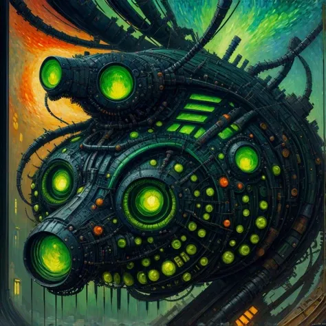 (anime:1.2), (dread:0.46), (cult of cthulhu:0.75), (futurism:1.25), (impressionist:1.25),(colorful:1.2), detailed, (majestic), mechanical, (sophisticated:1.2), (suggestive:1.1),(depressing:1.3), (cute:1.2), enticing, (irresistible:1.3), disturbing, fascinating, (green:1.3), (black:1.2), (orange:1.1), (surreal:1.05), (eerie:1.1)
