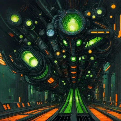 (anime:1.2), (dread:0.46), (cult of cthulhu:0.75), (futurism:1.25), (impressionist:1.25),(colorful:1.2), detailed, (majestic), mechanical, (sophisticated:1.2), (suggestive:1.1),(depressing:1.3), (cute:1.2), enticing, (irresistible:1.3), disturbing, fascinating, (green:1.3), (black:1.2), (orange:1.1), (surreal:1.05), (eerie:1.1)