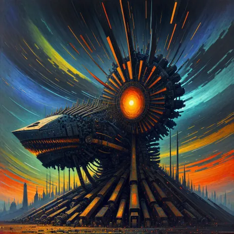 (colorful:1.25), (impressionist:1.2), (surreal:1.25), (dread:0.35), (otherworldly:1.2), (mechanical:1.2), (eerie), (beautiful:1.24), (breathtaking:1.3), (energetic:0.4), (geometric:1.17), (navy1.2), (black:1.1), (orange:1)