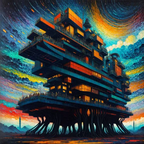 (colorful:1.25), (impressionist:1.2), (surreal:1.25), (dread:0.35), (otherworldly:1.2), (mechanical:1.2), (eerie), (beautiful:1.24), (breathtaking:1.3), (energetic:0.4), (geometric:1.17), (navy1.2), (black:1.1), (orange:1)