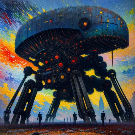 (colorful:1.25), (impressionist:1.2), (surreal:1.25), (dread:0.35), (otherworldly:1.2), (mechanical:1.2), (eerie), (beautiful:1.24), (breathtaking:1.3), (energetic:0.4), (geometric:1.17), (navy1.2), (black:1.1), (orange:1)