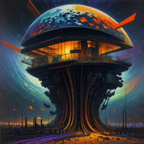 (colorful:1.25), (impressionist:1.2), (surreal:1.25), (dread:0.35), (otherworldly:1.2), (mechanical:1.2), (eerie), (beautiful:1.24), (breathtaking:1.3), (energetic:0.4), (geometric:1.17), (navy1.2), (black:1.1), (orange:1)