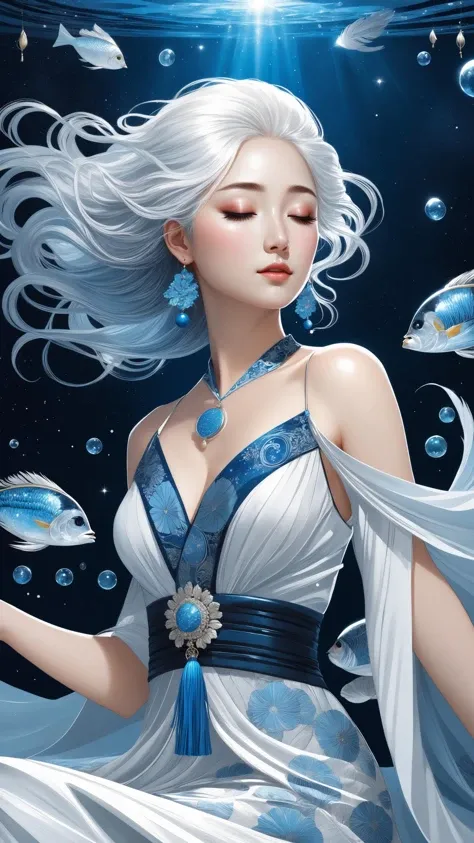 (8k, RAW photo, best quality, masterpiece:1.2),(extremely detailed CG unity 8k wallpaper), 1girl, solo, long hair, (closed eyes), (closed mouth), barefoot, bare legs, (bare arms:1.3), blue hair, full body, dress, bubble, black hair, blue eyes, traditional Chinese clothing,(underwater), nail polish, arms up, white dress, tassel, jewelry, long cloth, (feather:1.1), hair ornament, elegant, graceful, award-winning art, 1girl, (style of Yuko Shimizu:1.4), (abstract art:1.2), style of rebecca guay, white hair, blue eyes, cosmic dress, cosmic beauty, in space, nebula, visually stunning, gorgeous
