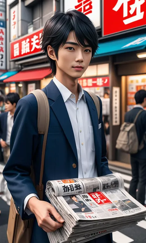 photo of a young Japanese guy selling newspapers in Tokyo, highly detailed face, epic, ultra-realistic, 8k, ultra high details, hyper-realistic, full body photograph, epic details ultra high details 8k 16k