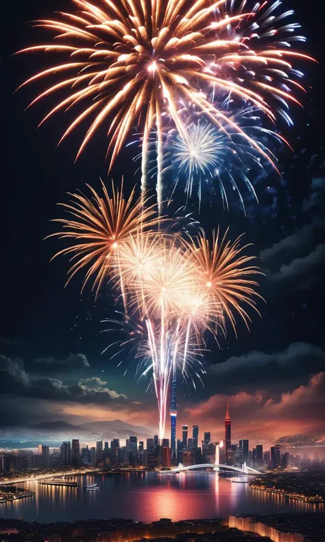 photo of a fireworks show over the city, highly detailed face, epic, ultra-realistic, 8k