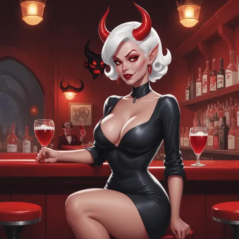 disney cartoon pinup illustration,beautiful demon female in the bar,dark red skin,short white hair,red horns,red tail,pinup clothes,full body image