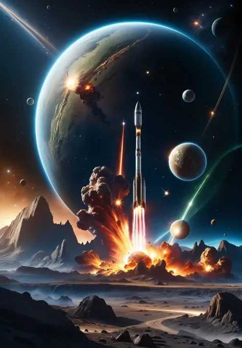 real, atmospheric scene, masterpiece, best quality, (detailed terrain, detail space, ultra-detailed cosmos),(cinematic light:1.1), space view of a planet exploding, space stars, cosmos, (fully complex space:1.3), (detailed planet land:1.1), fire and rocks