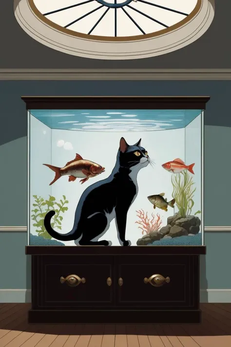 (Award Winning Digital Artwork:1.3) of (Masterpiece:1.4),(Fearful:1.35) high detailed professional upper body photo of a cat chasing a fish in a fishtank, contrasting shadows, realistic, photographic,(by Artist W. Heath Robinson:1.45),(by Artist Wangechi Mutu:1.15),CGSociety,ArtStation,(Afrofuturism:1.45),(Polychromatic:1.35)