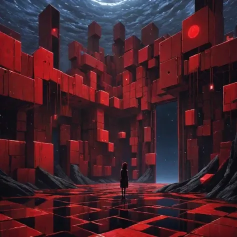 An abstract representation of depression and loneliness, visualized through a fragmented landscape, dark voids, and a solitary character in a desolate environment|(isolation):1.4|(surreal imagery)|Yume Nikki influence. masterpiece, best quality, detailed, realistic, 8k UHD, high quality, lifelike, precise, vibrant, absurdres, SimplepositiveXLv1
