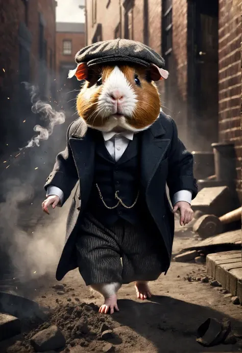 photorealistic depiction of peaky blinders guinea pig as thomas shelby, thomas shelby, wearing peaky blinders clothes, explosion, walking down an alley, smoke, dramatic shadows, detailed textures, capturing the tension, rich colors, cinematic lighting, action scene, dynamic pose, high definition rendering, wide angle lens, threatening scene