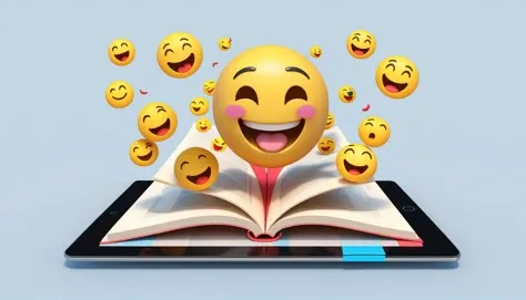 3D emojis popping out of the tablet. Levitating in mid-air,The pages of the empty book are popping out of the icon and float in front of the icon, Surrounded by smiling emojis