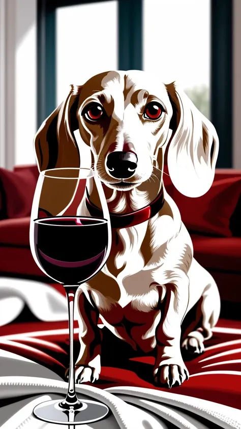 A elegant white dachshund sits on a white towel looking skeptical with a glass of red wine, looking down at viewer with quiet resentment, in a living room, head tilted down