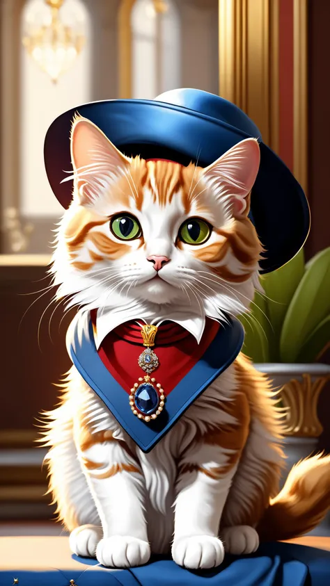 (((masterpiece))), (((best quality))), ((highly detailed)), (8k portrait of a cute small cat with hat), (royal pose), (noble cat), (digital art), wearing glasses