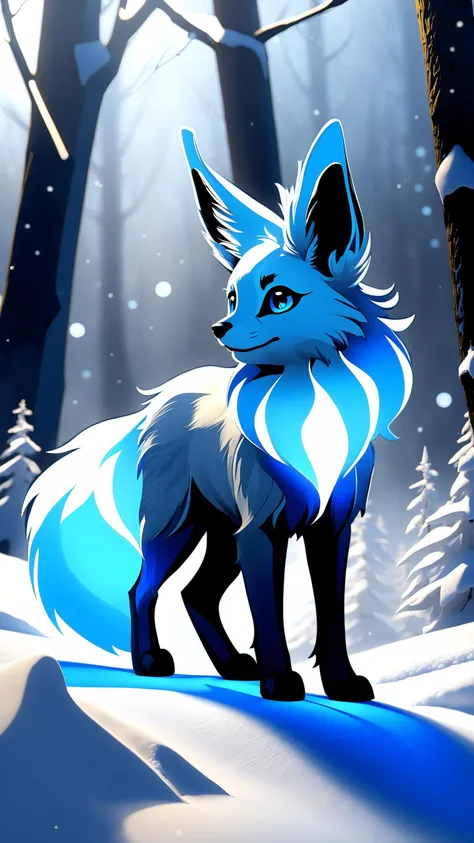 japanese kitsune, aqua fur add-detail, cunning face add_detail, kitsune in the snow add_detail:1, full body add_detail:1, mistycal aura