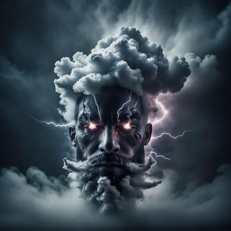 photography of flowing smoke in the shape of a strong face, translucent face, lightning through the fumes, glowing eyes, (lightning and thunder:1.4), professional photography, award winning photography, masterpiece, professional photography, in the style of smoke, smoke, lightning