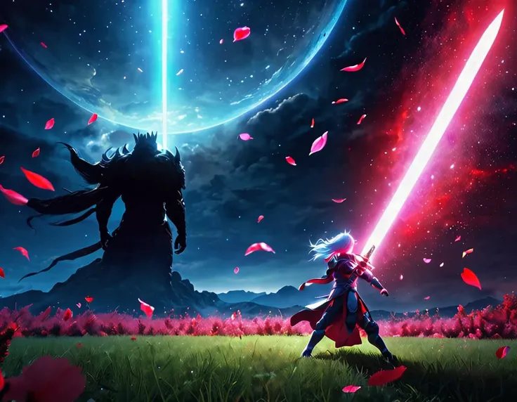 masterpiece, best quality, light particle, depth of field, field, scenery, fantasy, blue light, (far away:1.1), no humans, pastel colors, chromatic aberration abuse, glow in the dark
dark ,cloudy sky, space, red aura, aura, cinematic, dark atmosphere, night , dark hole, glowing eyes, red light, illumination, sword, floating object, monster, fighting stance, light rays, 
eye in the sky, (grass:0.9), falling petals,