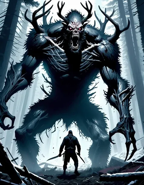 Horror masterpiece, best quality, (action shot, movement blur), combat, greg rutkowski, (focus on terrifying large wendigo roaring, large size difference), fantasy, people fighting it, dark winter night, forest deep dark woods, massive ancient trees, battle, scenery, mountain, outdoors, multiple people, injured people on the ground, (blood splatter flying through the air), trail of carnage, (indirect) moonlight, very detailed, high resolution, sharp, sharp image, 4k, 8k,