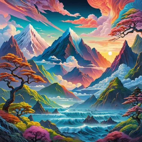 A set of different scenes with mountain and mountain views, in the style of fantastical otherworldly visions, muted colorscape mastery, richly colored skies, national geographic photo, panel composition mastery, energy - filled illustrations, sea and sunrise on the background, Beautiful, ayahuasca vision, japanese art, Vibrant, Highly detailed, volumetric, Hyper realistic