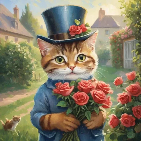 Camille Pissarro style painting of happy anthropomorphic kitten holding roses bouquet and wearing fancy hat BREAK (morning, garden background, (spring \(season\), extreme detailed), BREAK (professional painting, dynamic pose, dynamic composition, beautiful natural soft light, dynamic lighting, realistic proportions, extreme detailed, intricate details, hdr, raytracing, highly detailed atmosphere, highly detailed textures)